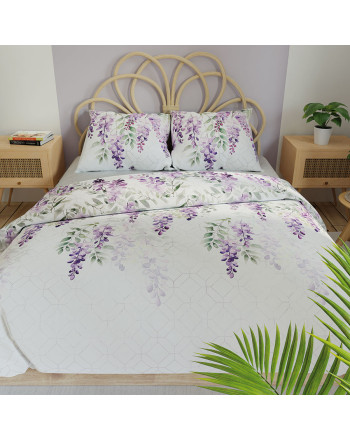 Komplet pościeli z bawełny satynowej, białej z nadrukiem kwiatów bzu, oferowana w dwóch rozmiarach, Lavanya