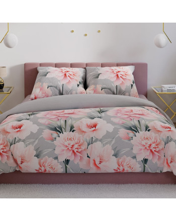 Komplet pościeli z bawełny satynowej, szarej ze wzorem dużych róż, oferowanej w dwóch rozmiarach, Marigold