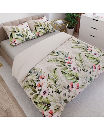 Komplet pościeli z  bawełny satynowej, białej z egzotycznych kwiatów i liści, oferowana w dwóch rozmiarach, Paradis