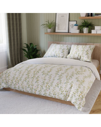 Komplet pościeli z bawełny satynowej, białej z nadrukiem wijących się listków, oferowanej w dwóch rozmiarach, Rima