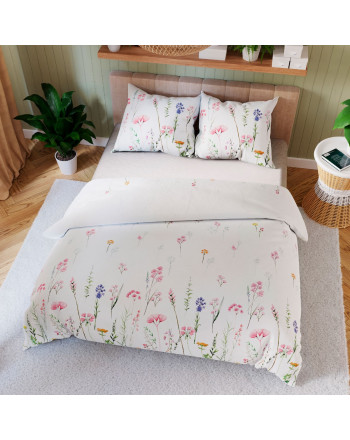 Komplet pościeli z bawełny satynowej z dwustronnym nadrukiem kwitnącej łąki, dwa rozmiary, Zalura