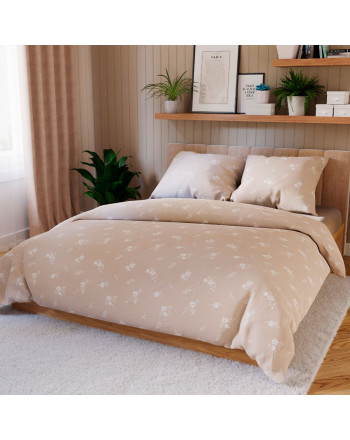 Komplet pościeli z bawełny satynowej, beżowa w białe kwiatki, dwa rozmiary, Velora