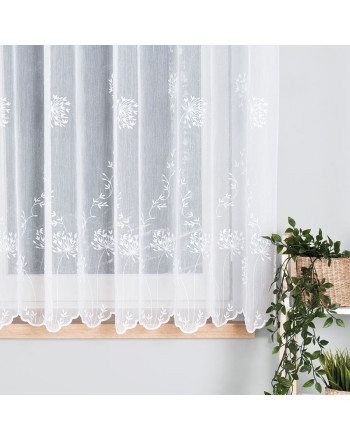 Krótka firana haftowana w kwiatowy wzór, kolor biały, 053801, wysokość 160 cm - sprzedawana na metry