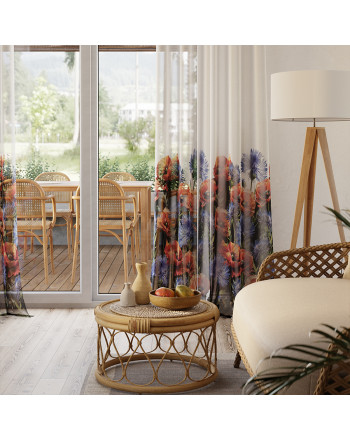  Firana z ołowianką etamina, wzór od dołu, wysokość 295 cm, maki i chabry w granatowym i czerwonym kolorze