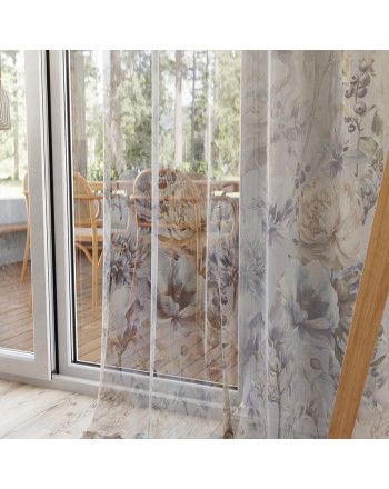 Firanka  białego woalu z nadrukiem kwiatów w subtelnych kolorach, z ołowianką, wysokość 315 cm, Celeste - sprzedawana na metry