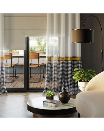 Biała firanka woalowa  z nadrukiem od dołu zwieńczonym złotym pasem, z ołowianką, wysokość 315 cm, Petit - sprzedawana na metry