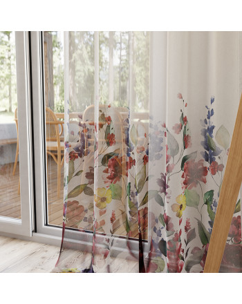 Długa firana z etaminy z ołowianką, biała ze wzorem drukowanym od dołu, wysokość 295 cm, Jolanda - sprzedawana na metry