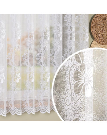Krótka firanka żakardowa ze wzorem kwiatowym w układzie pionowym, kolor biały, oferowana w 2 wysokościach - sprzedawana na metry