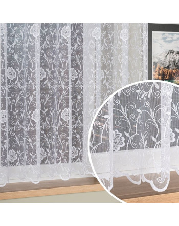 Krótka firanka żakardowa do salonu z subtelnym kwiatowo-roślinnym wzorem po całości, oferowana w dwóch wysokościach, kolor biały - sprzedawana na metry