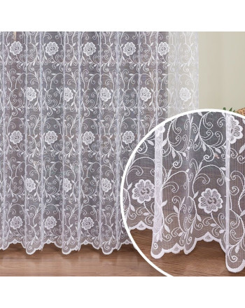 Długa firana żakardowa do salonu z subtelnym kwiatowo-roślinnym wzorem po całości, wysokość 250 cm, kolor biały - sprzedawana na metry