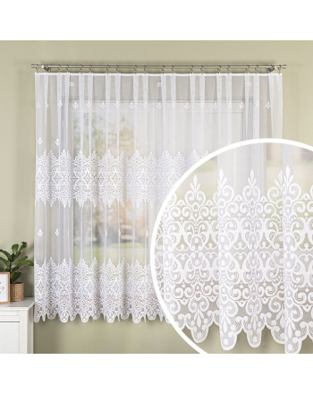 Krótka firanka żakardowa z ażurowym wzorem pasowym, kolor biały, oferowana w 2 wysokościach - sprzedawana na metry