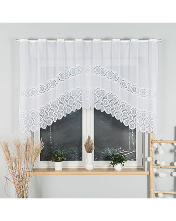 Krótka firanka do kuchni żakardowa gotowa ze wzorem pasowym i otworami na drążek karnisza dwa rozmiary Maria