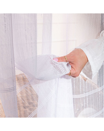 Długa firana do salonu na przelotkach wzór deszczyk z poziomymi pasami i ołowianką Calypso - szyta na wymiar