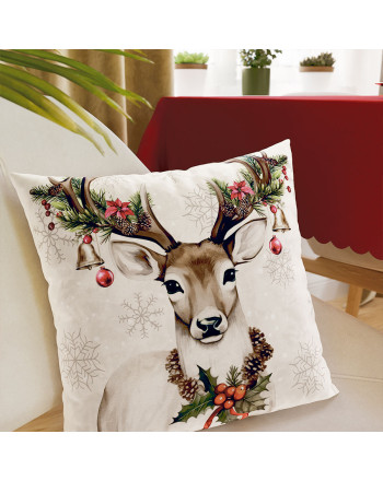 Dekoracyjna poszewka welwetowa w kolorze beżowym, świąteczny nadruk, rozmiar 40x40 cm, Vintage jelonek