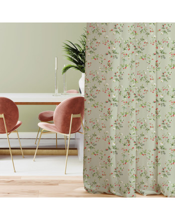 Wodoodporny materiał na zasłony lub obrusy, nadruk w tonacji szałwiowo-czerwonym, szerokość 160 cm, Poziomki - sprzedawany na metry