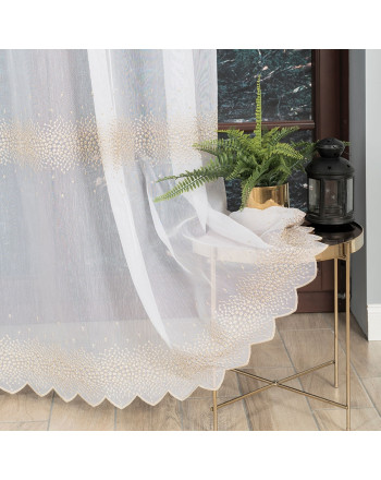 Firanka haftowana ze wzorem pasowym, kolor biały ze złotą nicią, wysokość 280 cm, 112853 - sprzedawana na metry