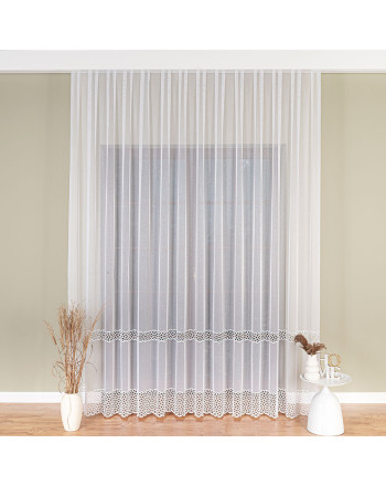 Długa firana do salonu na markizecie z aplikacją ze wzorem pasowym, wysokość 290 cm, kolor biały z błyskiem - sprzedawana na metry