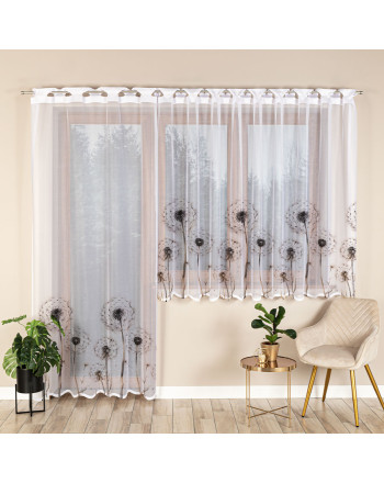 Długa gotowa firanka żakardowa z fabrycznymi otworami na drążek i kolorowym nadrukiem, rozmiar 140x240 cm, Dmuchawce