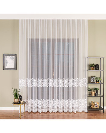 alt="Długa mlecznobiała firana z dwoma pasami haftu, wysokość 280 cm, elegancka firana do salonu sprzedawana na metry"