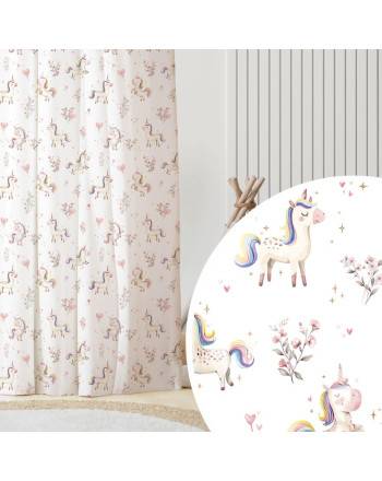 Welurowy materiał na zasłony do pokoju dziecięcego, Słodkie Jednorożce, biały z kolorowym nadrukiem, wysokość 300 cm - sprzedawana na metry