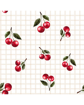 Wodoodporny materiał na obrusy lub zasłony, biały z kolorowym nadrukiem, szerokość 160 cm, Wisienki - sprzedawany na metry