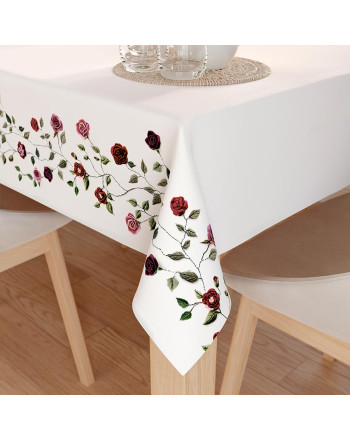 Wodoodporny materiał na obrusy biały z nadrukiem 3D szerokość 160 cm Wyszywane Różyczki - sprzedawany na metry