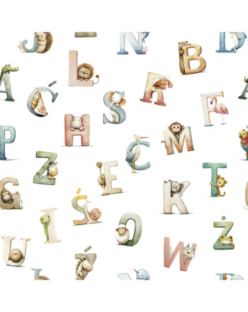 Materiał na zasłony do pokoju dziecięcego Alfabet, szerokość 165 cm, kolor biały - sprzedawana na metry