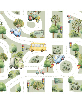 Materiał na zasłony do pokoju dziecięcego Ulice, szerokość 165 cm, kolor szałwiowy - sprzedawana na metry