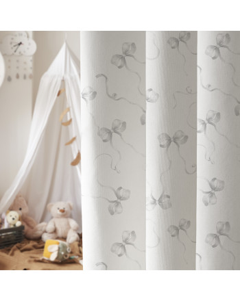 Materiał na zasłony do pokoju dziecięcego, biały welur z jasnoszarym nadrukiem, szerokość 165 cm, Kokardy sprzedawany na metry