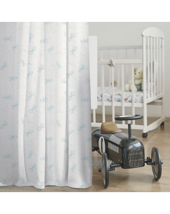 Materiał na zasłony do pokoju dziecięcego, biały welur z jasnoniebieskim nadrukiem, szerokość 165 cm, Kokardy sprzedawany na metry