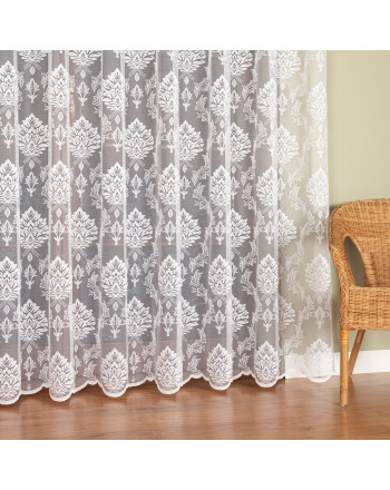 Długa firanka żakardowa z liściasto-ornamentowym wzorem, kolor biały, wysokość 250 cm - sprzedawana na metry