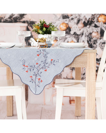Szara serweta świąteczna z haftem jarzębiny i liści – „Jarzębinowy Blask”, rozmiar 85x85 cm ze zbliżeniem wzoru
