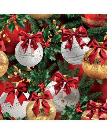 Wodoodporny materiał na zasłony lub obrusy ze świątecznym nadrukiem na czerwonym tle, szerokość 160 cm, Bombki ze złotym - sprzedawany na metry