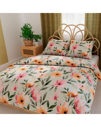 Komplet pościeli z bawełny satynowej z dwustronnym nadrukiem barwnych kwiatów, dwa rozmiary, Floralis