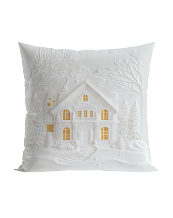 Welwetowa poszewka dekoracyjna, kolor biały z efektownym nadrukiem 3D, rozmiar 40x40 cm, Zimowy domek