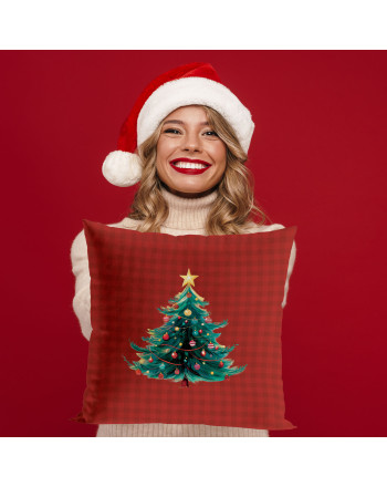 Welwetowa poszewka dekoracyjna ze świątecznym nadrukiem, rozmiar 40x40 cm, Kratka z Choinką-Bajkowe Święta