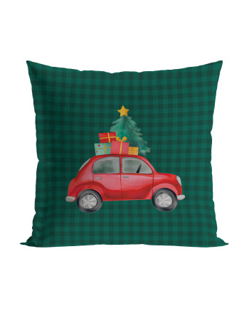 Welwetowa poszewka dekoracyjna ze świątecznym nadrukiem, rozmiar 40x40 cm, Krata z samochodem-Bajkowe Święta
