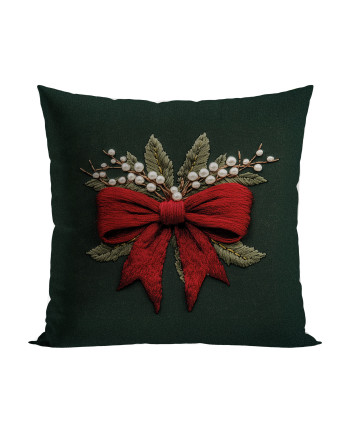 Welwetowa poszewka dekoracyjna 40x40 cm z czerwonym motywem kokardy i efektem wyszywania – kolekcja świąteczna, produkt polski