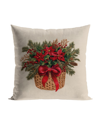 Welwetowa poszewka dekoracyjna 40x40 cm z motywem świątecznego bukietu w koszyku z czerwonymi kokardami i efektem wyszywania – produkt polski