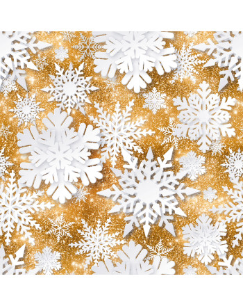Wodoodporny materiał na zasłony lub obrusy, z drukowanym motywem 3D zimowych płatków na złotym tle, szerokość 160 cm, Śnieżki - sprzedawany na metry