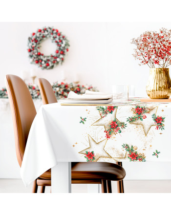 Wodoodporny materiał na obrusy lub zasłony, świąteczny nadruk, szerokość 160 cm, Złote Gwiazdy