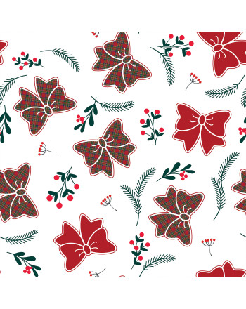 Wodoodporny materiał na zasłony lub obrusy, kolor biały ze świątecznym nadrukiem, szerokość 160 cm, Kokarda Szkoti - sprzedawany na metry