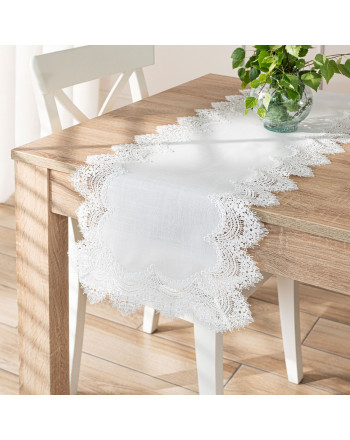 Bieżnik z białej strukturalnej tkaniny, wykończony efektowną gipiurą, kilka rozmiarów, Serena