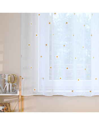 Firanka do salonu na przelotkach, haftowane stokrotki Bellis, rozmiar 300x160 cm 