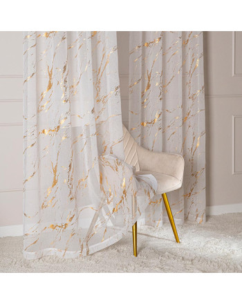 Firana gotowa w kolorze białym ze złotym zdobieniem, uszyta na taśmie, rozmiar 140x250 cm, Złoty marmurek