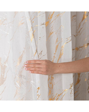 Firana gotowa w kolorze białym ze złotym zdobieniem, uszyta na taśmie, rozmiar 140x250 cm, Złoty marmurek