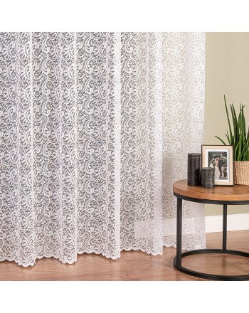 Firana żakardowa ze wzorem ornamentowym po całości, kolor biały, na fleksach, wysokość do 230 cm - szyta na wymiar