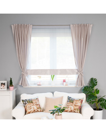 Panel firanowy z woalu ozdobiony różowym pasem, rozmiar 140x130 cm