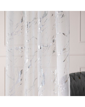 Firanka z ołowianką na przelotkach, kolor biały z połyskującym nadrukiem, Srebrny marmurek - szyta na wymiar 