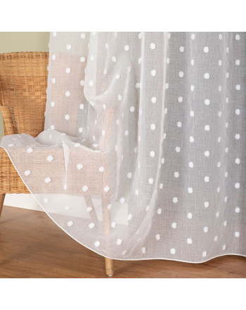 Firana na taśmie marszczącej z ołowianką, kolor biały z trójwymiarowym zdobieniem, wysokość do 300 cm, Puszyste kropeczki - szyta na wymiar